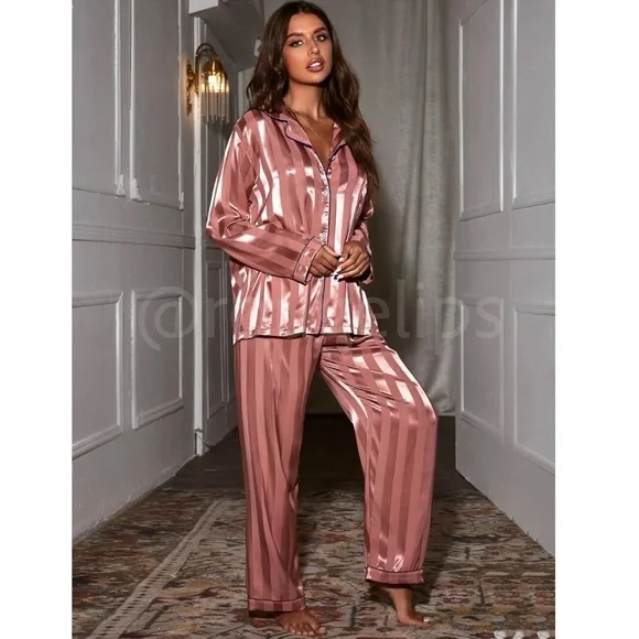 Satin Pink Stripes Women's Pajamas Set - Picture 2 of 12